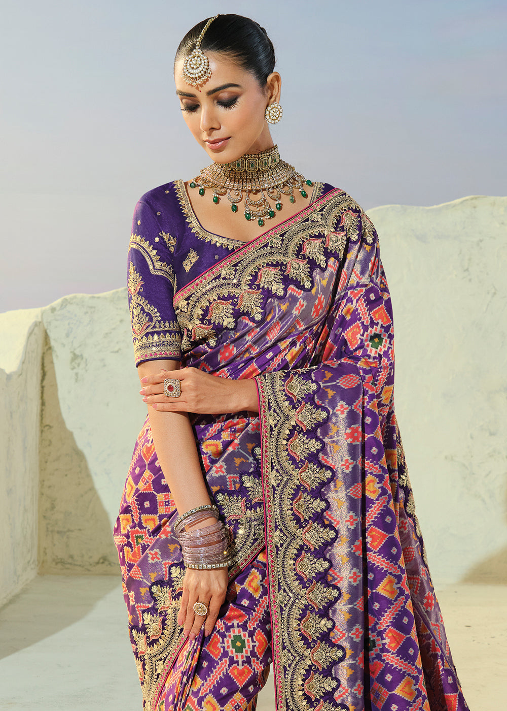 Royal Purple & Coral Orange Patola Silk Designer Saree with Mirror, Cut-Dana and Pearl Embroidery