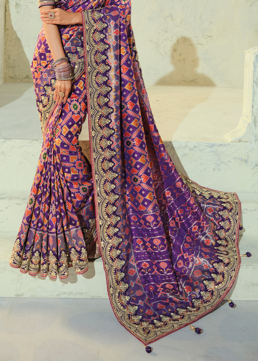 Royal Purple & Coral Orange Patola Silk Designer Saree with Mirror, Cut-Dana and Pearl Embroidery