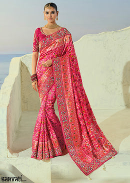 Fuchsia Pink Designer Patola Silk Wedding Saree with Cut Dana and Mirror Embroidery