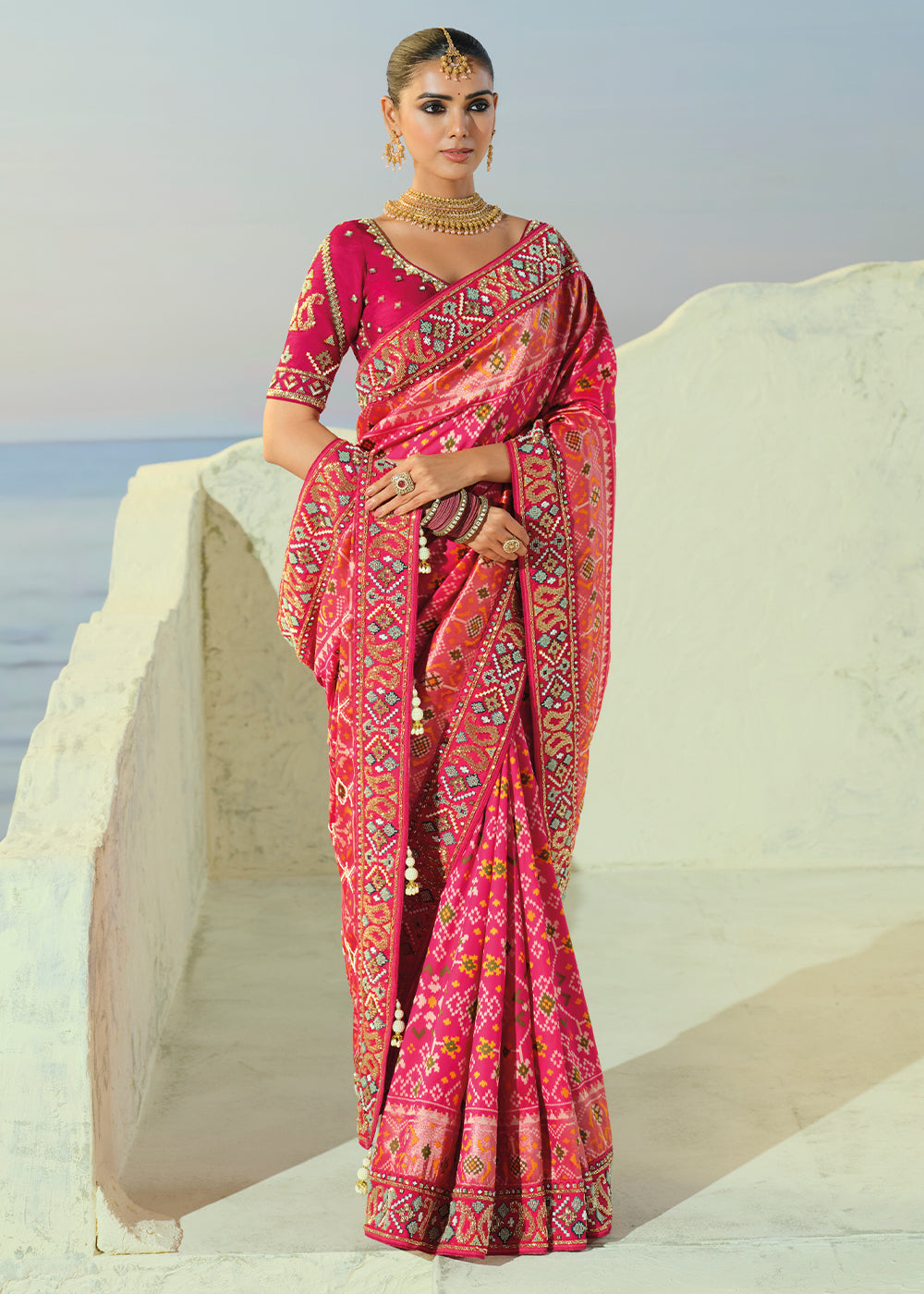 Fuchsia Pink Designer Patola Silk Wedding Saree with Cut Dana and Mirror Embroidery