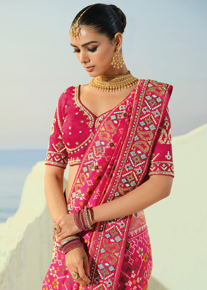 Fuchsia Pink Designer Patola Silk Wedding Saree with Cut Dana and Mirror Embroidery