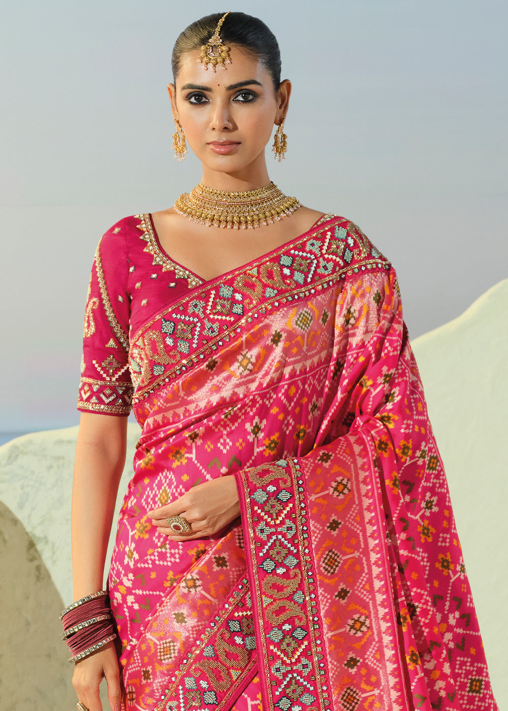 Fuchsia Pink Designer Patola Silk Wedding Saree with Cut Dana and Mirror Embroidery