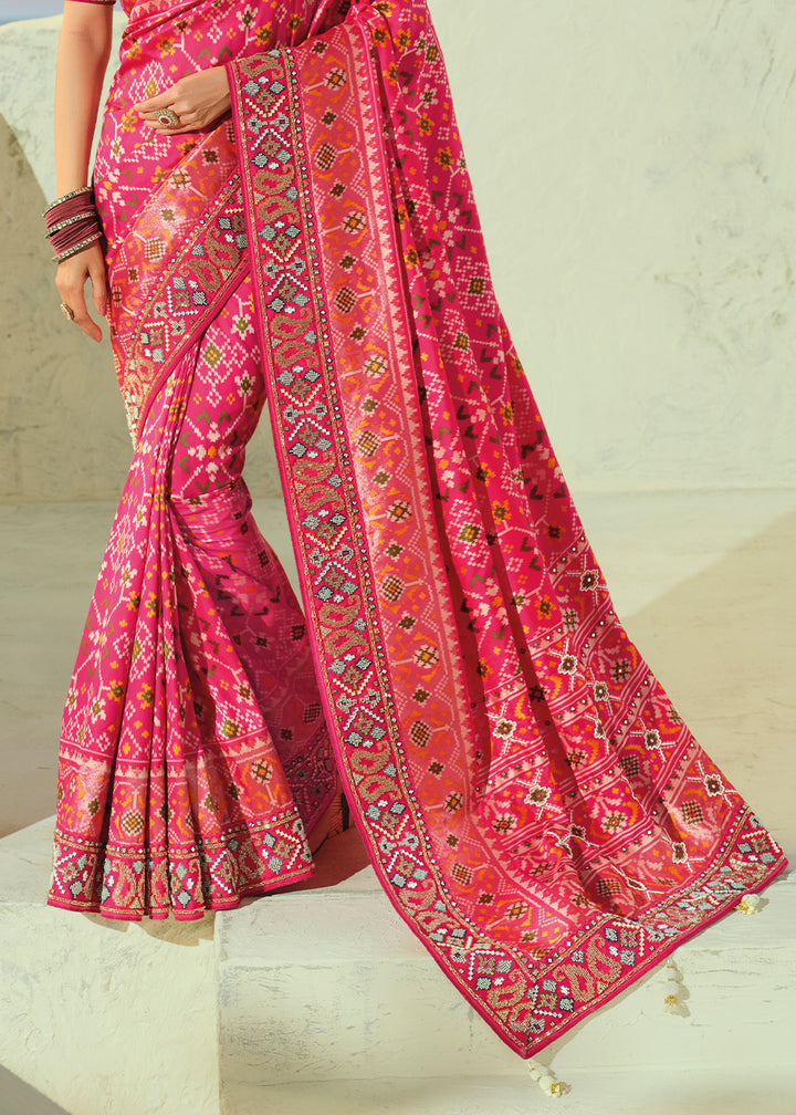Fuchsia Pink Designer Patola Silk Wedding Saree with Cut Dana and Mirror Embroidery