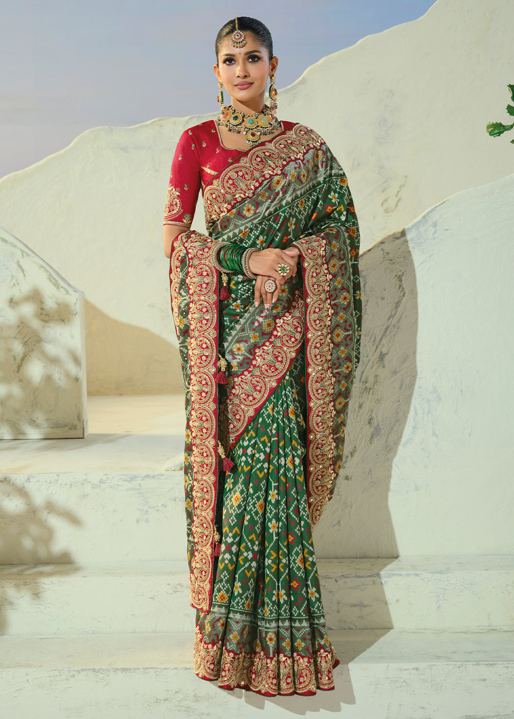 Bottle Green Designer Patola Silk Wedding Saree with Cut Dana and Mirror Embroidery