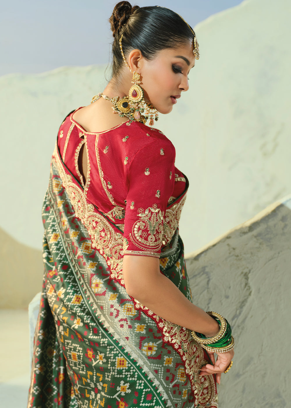 Bottle Green Designer Patola Silk Wedding Saree with Cut Dana and Mirror Embroidery