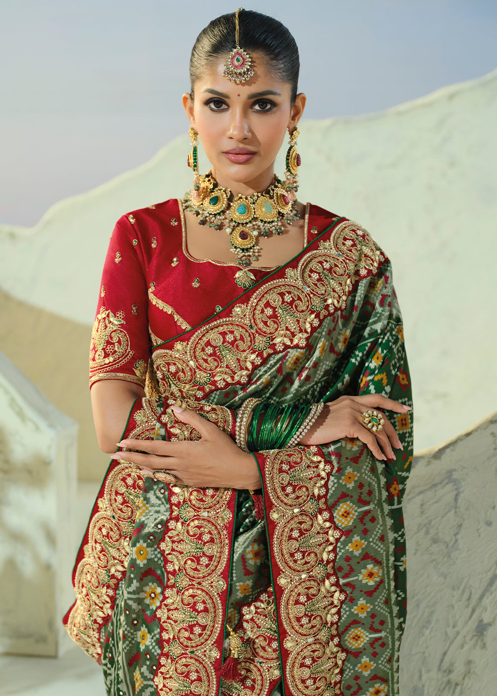 Bottle Green Designer Patola Silk Wedding Saree with Cut Dana and Mirror Embroidery