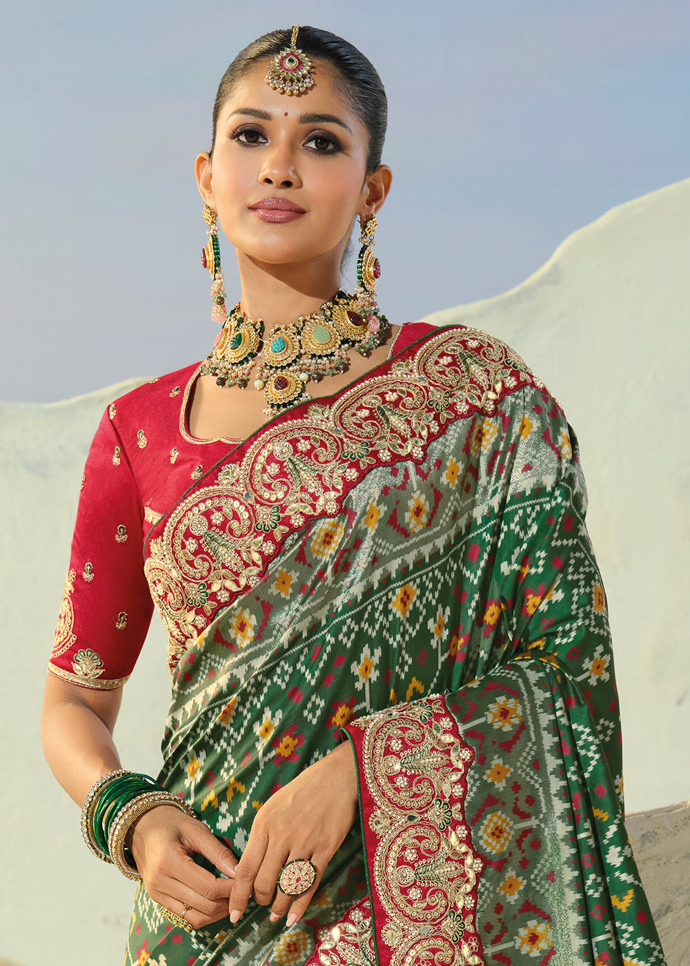 Bottle Green Designer Patola Silk Wedding Saree with Cut Dana and Mirror Embroidery