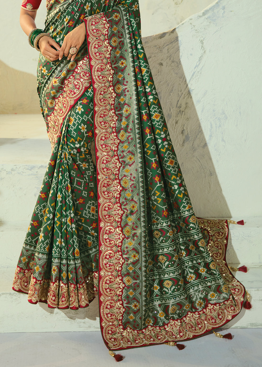 Bottle Green Designer Patola Silk Wedding Saree with Cut Dana and Mirror Embroidery