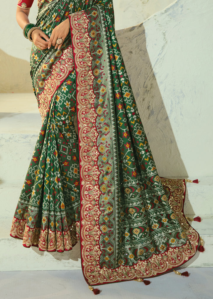 Bottle Green Designer Patola Silk Wedding Saree with Cut Dana and Mirror Embroidery