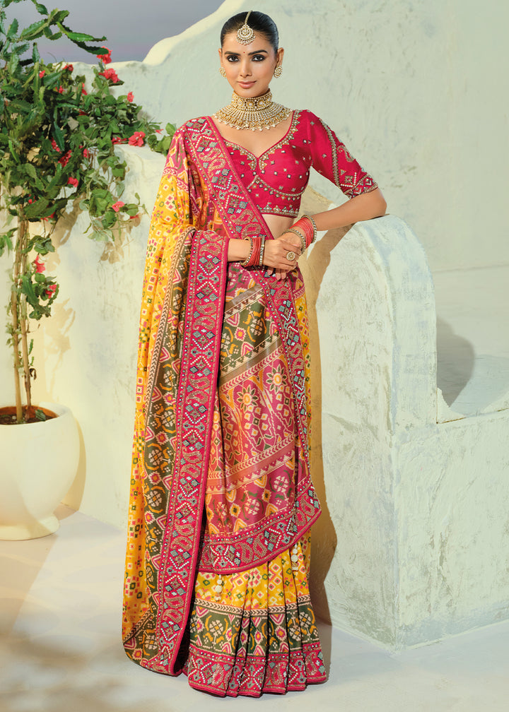 Golden Yellow and Fuchsia Pink Patola Silk Designer Saree with Cut-Dana and Mirror Embroidery