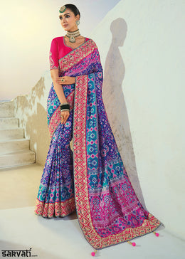 Royal Blue Patola Silk Designer Saree with Cut-Dana and Mirror Embroidery