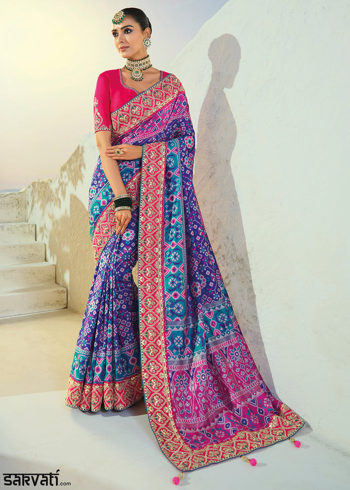 Royal Blue Patola Silk Designer Saree with Cut-Dana and Mirror Embroidery