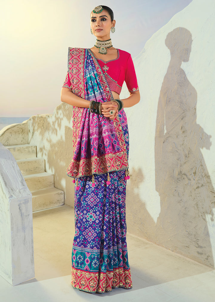 Royal Blue Patola Silk Designer Saree with Cut-Dana and Mirror Embroidery