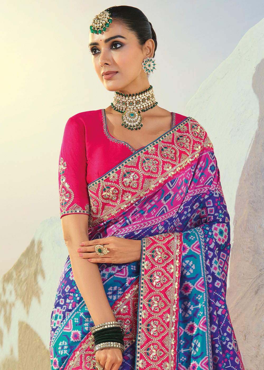 Royal Blue Patola Silk Designer Saree with Cut-Dana and Mirror Embroidery