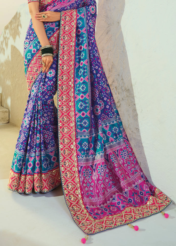 Royal Blue Patola Silk Designer Saree with Cut-Dana and Mirror Embroidery