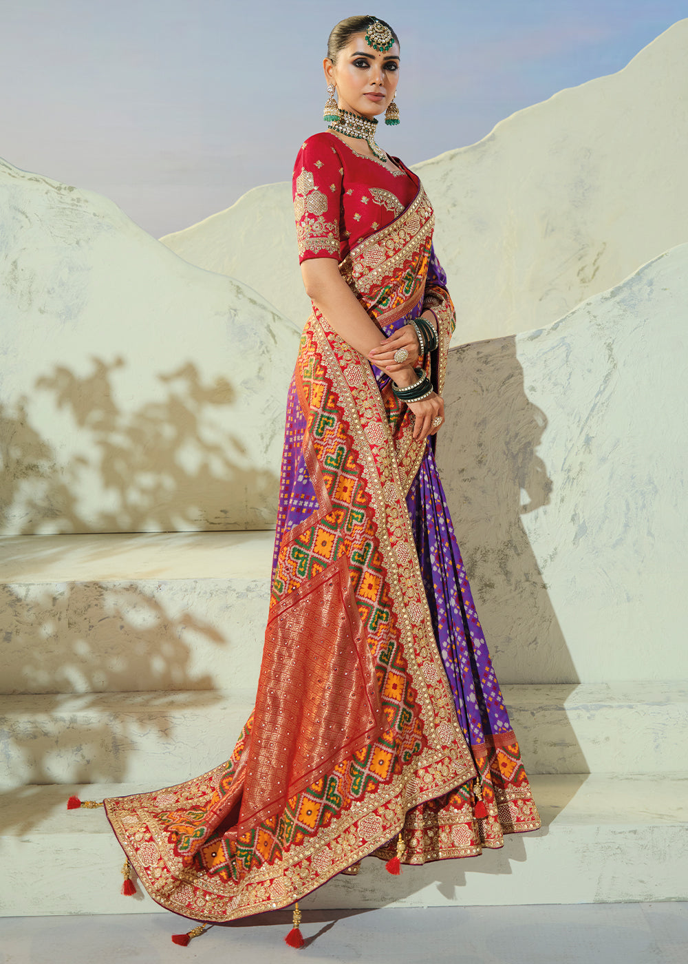 Royal Purple and Red Patola Silk Designer Saree with Cut-Dana and Mirror Embroidery