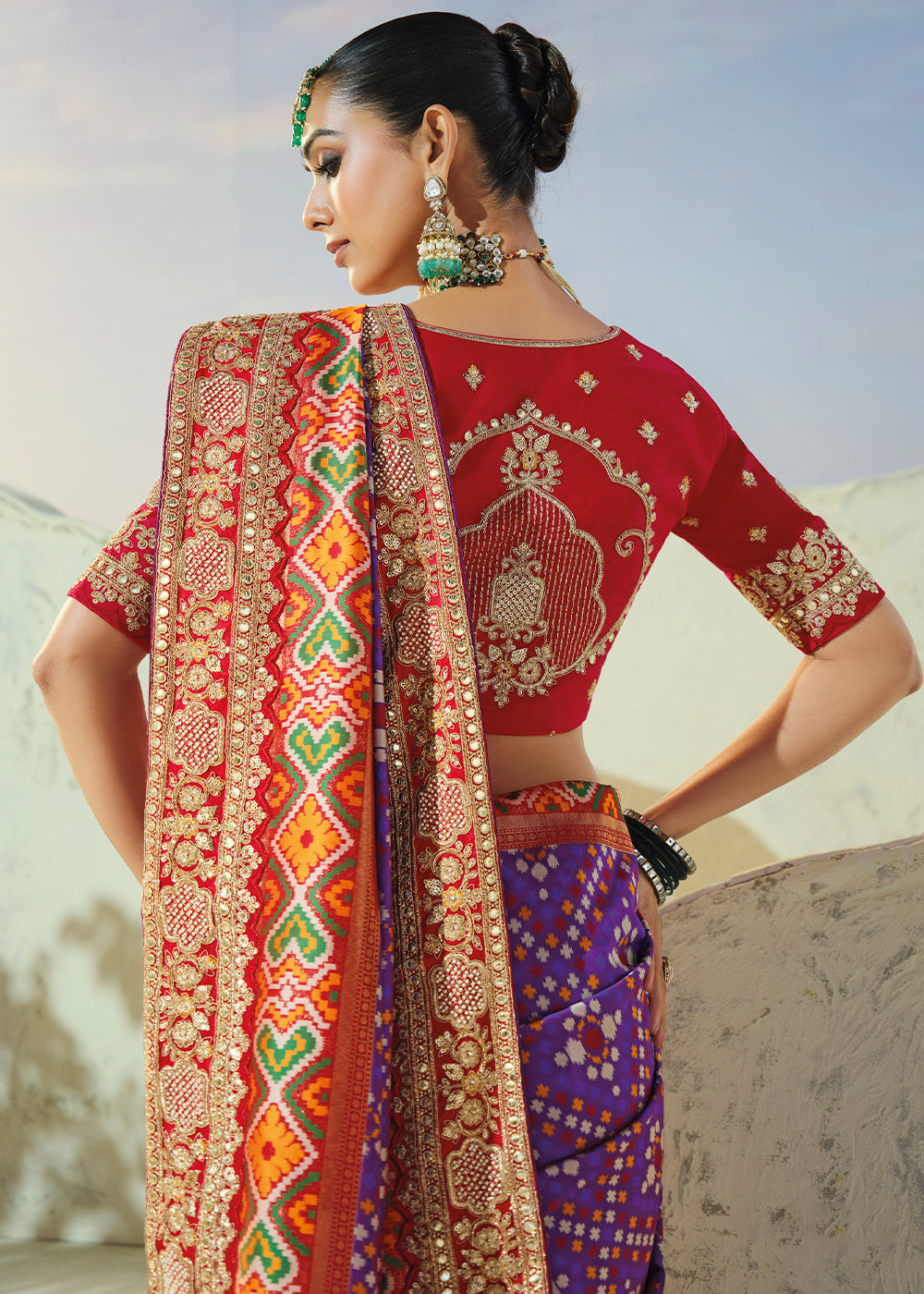 Royal Purple and Red Patola Silk Designer Saree with Cut-Dana and Mirror Embroidery