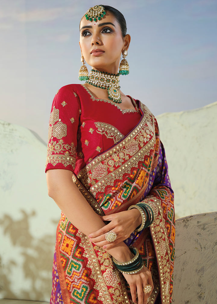 Royal Purple and Red Patola Silk Designer Saree with Cut-Dana and Mirror Embroidery