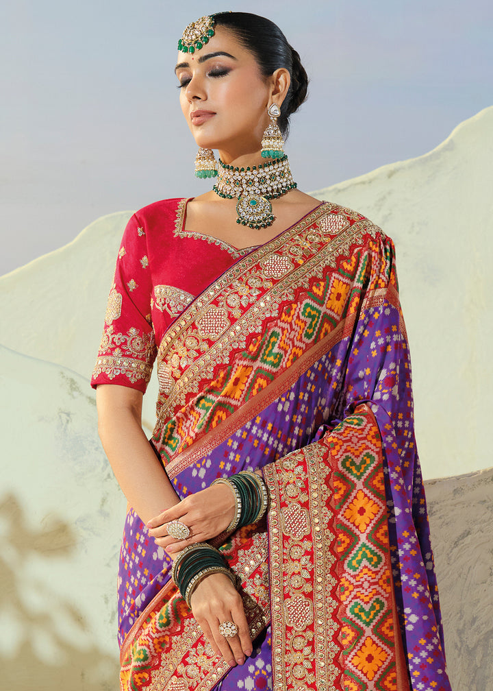 Royal Purple and Red Patola Silk Designer Saree with Cut-Dana and Mirror Embroidery