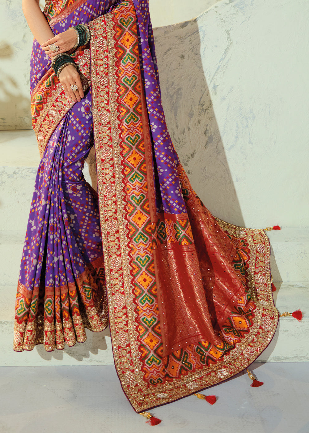 Royal Purple and Red Patola Silk Designer Saree with Cut-Dana and Mirror Embroidery