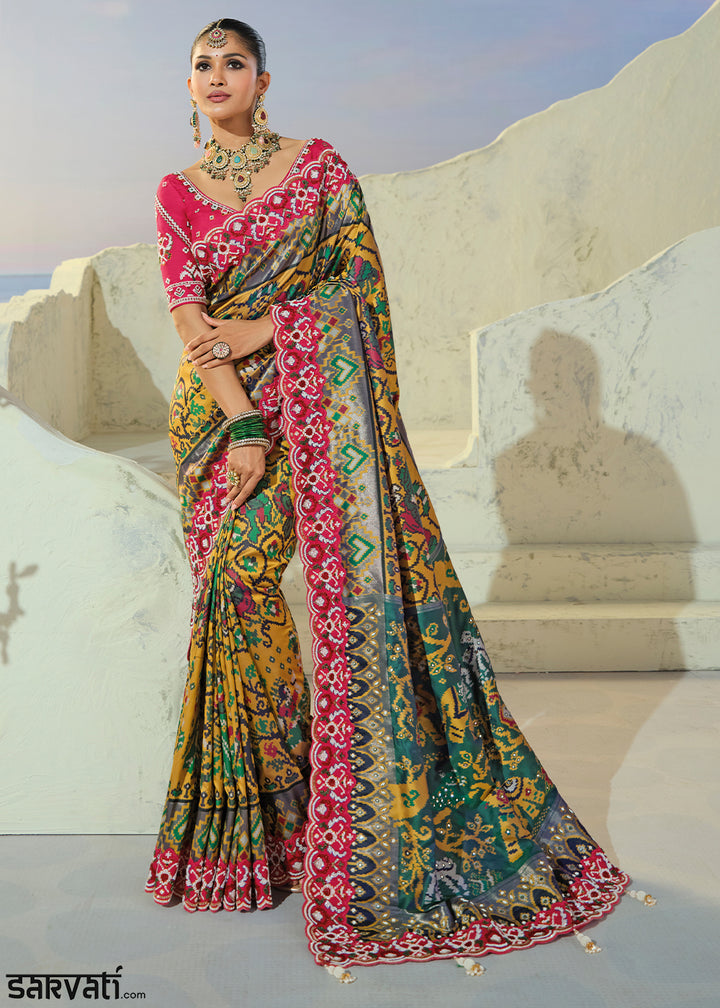 Mustard Yellow and Teal Green Patola Silk Designer Saree with Cut-Dana and Mirror Embroidery