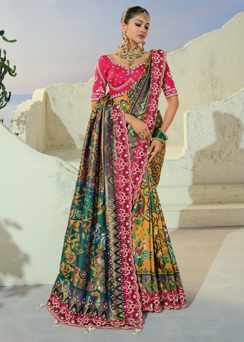 Mustard Yellow and Teal Green Patola Silk Designer Saree with Cut-Dana and Mirror Embroidery