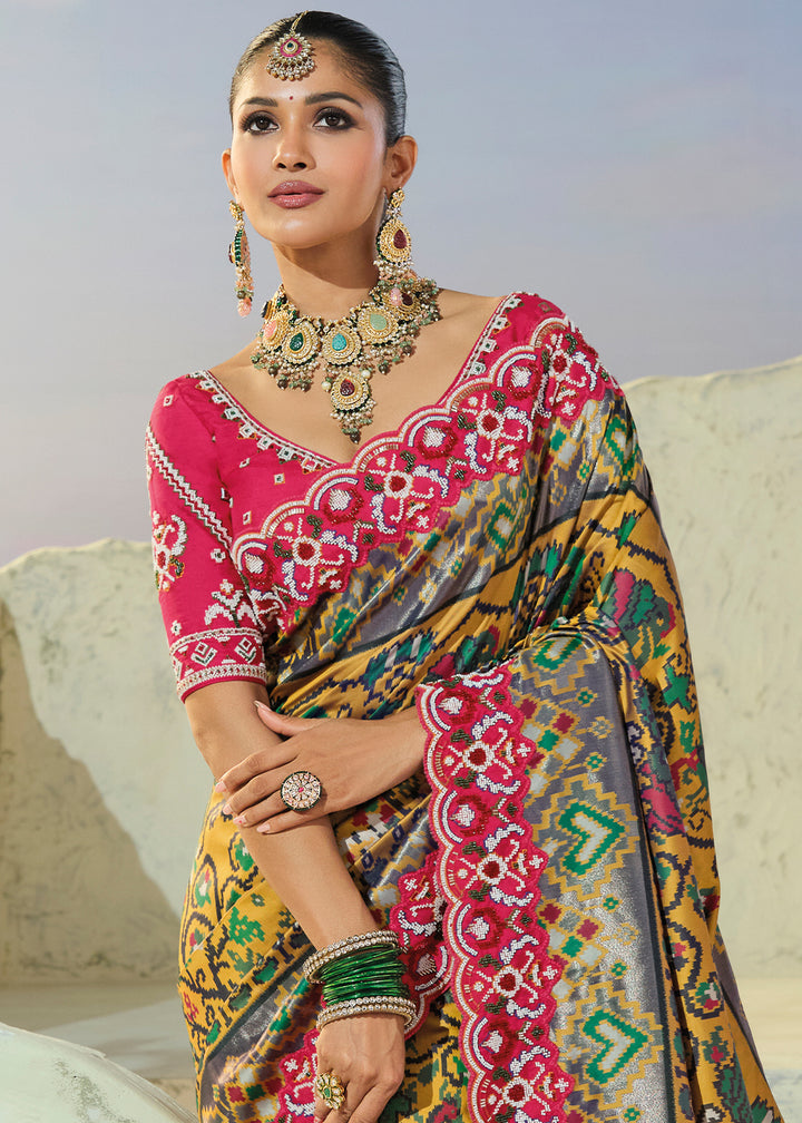 Mustard Yellow and Teal Green Patola Silk Designer Saree with Cut-Dana and Mirror Embroidery