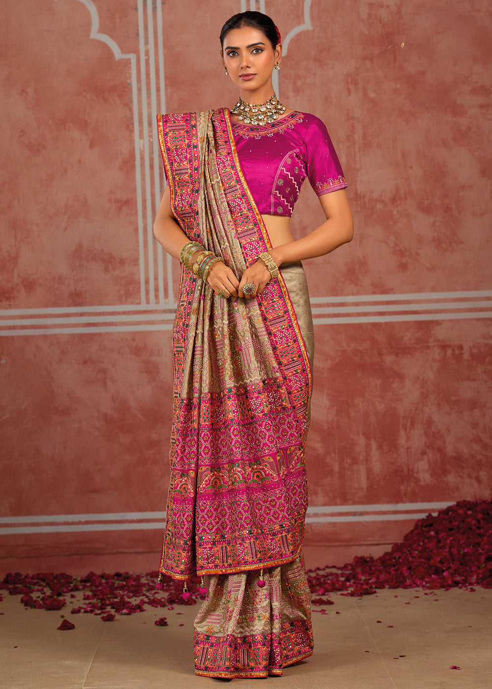 Brown &amp; Pink Banarasi Silk Saree with Exquisite Kachhi Hand Embroidery