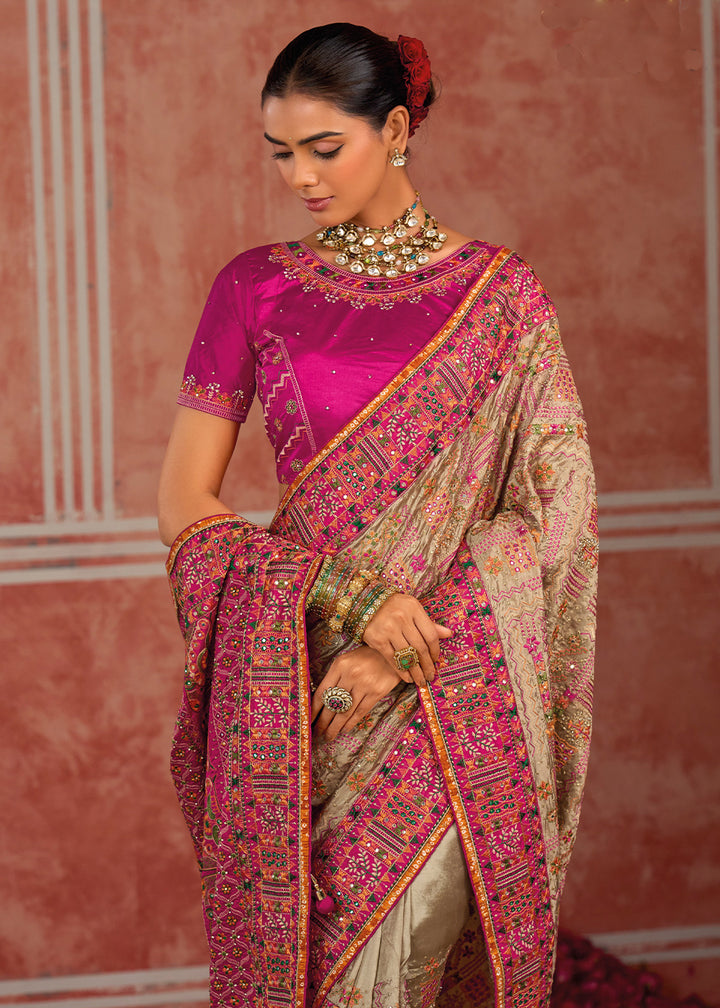 Brown &amp; Pink Banarasi Silk Saree with Exquisite Kachhi Hand Embroidery