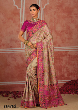 Brown & Pink Banarasi Silk Saree with Exquisite Kachhi Hand Embroidery