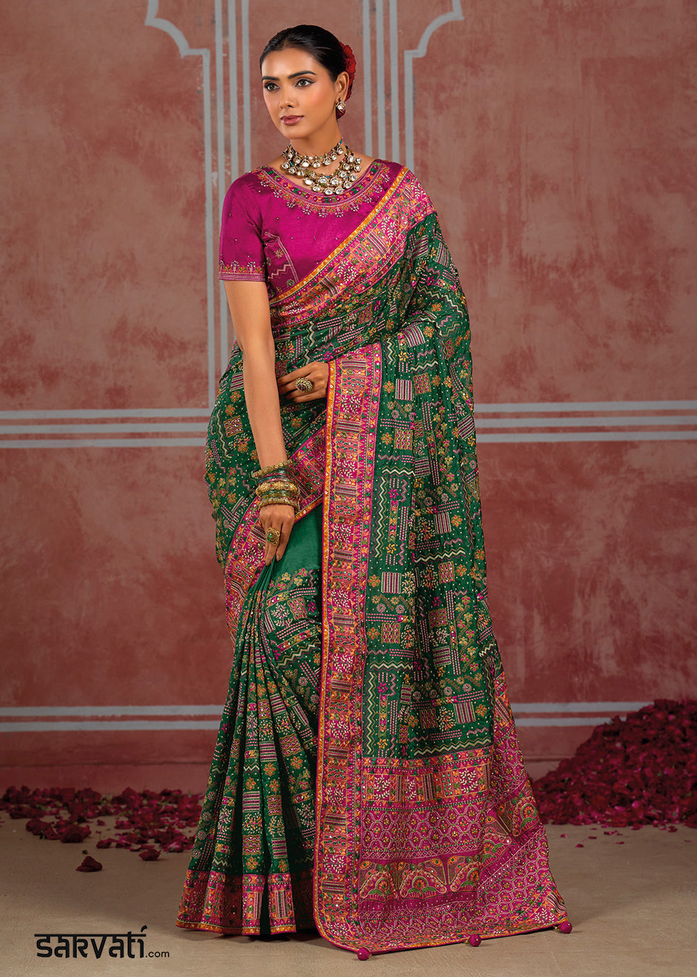 Dark Green Banarasi Silk Saree with Exquisite Kachhi Hand Embroidery