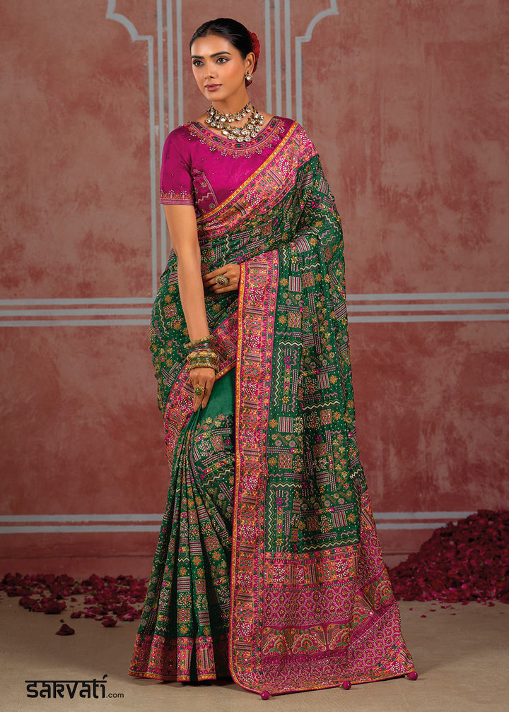 Dark Green Banarasi Silk Saree with Exquisite Kachhi Hand Embroidery