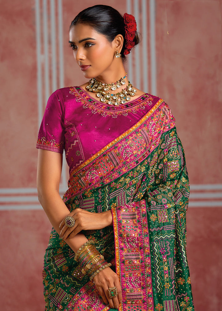 Dark Green Banarasi Silk Saree with Exquisite Kachhi Hand Embroidery