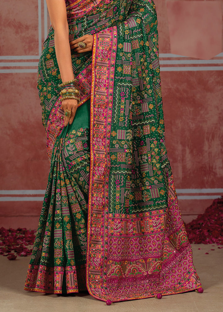 Dark Green Banarasi Silk Saree with Exquisite Kachhi Hand Embroidery