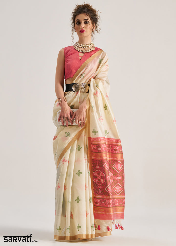 Cream White Ethnic Patola Silk Saree with Fine Artisanal Weaving