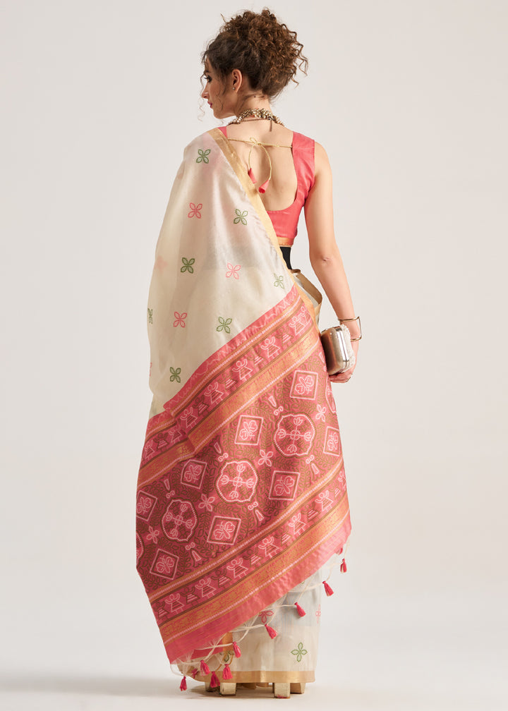 Cream White Ethnic Patola Silk Saree with Fine Artisanal Weaving
