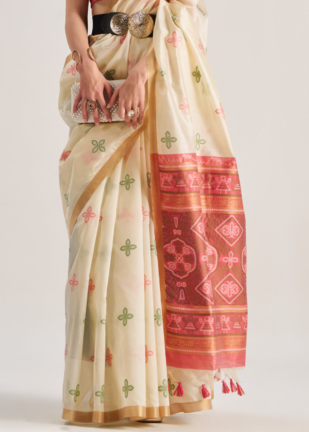 Cream White Ethnic Patola Silk Saree with Fine Artisanal Weaving