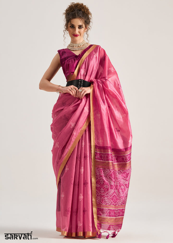 Carmine Pink Ethnic Patola Silk Saree with Fine Artisanal Weaving