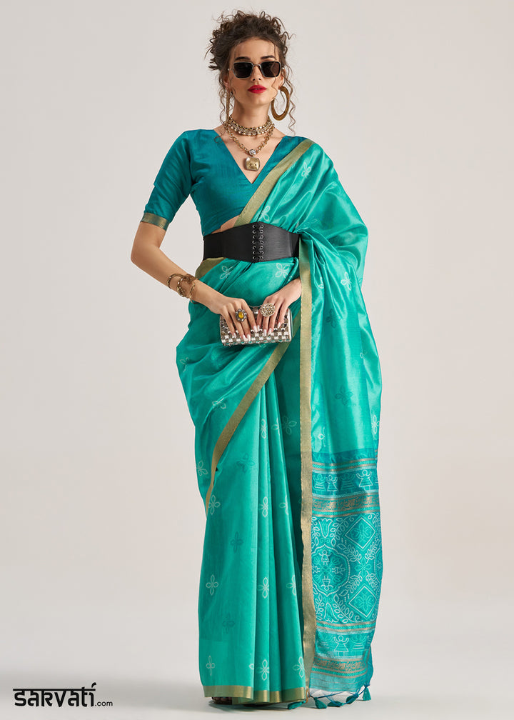 Tiffany Blue Ethnic Patola Silk Saree with Fine Artisanal Weaving