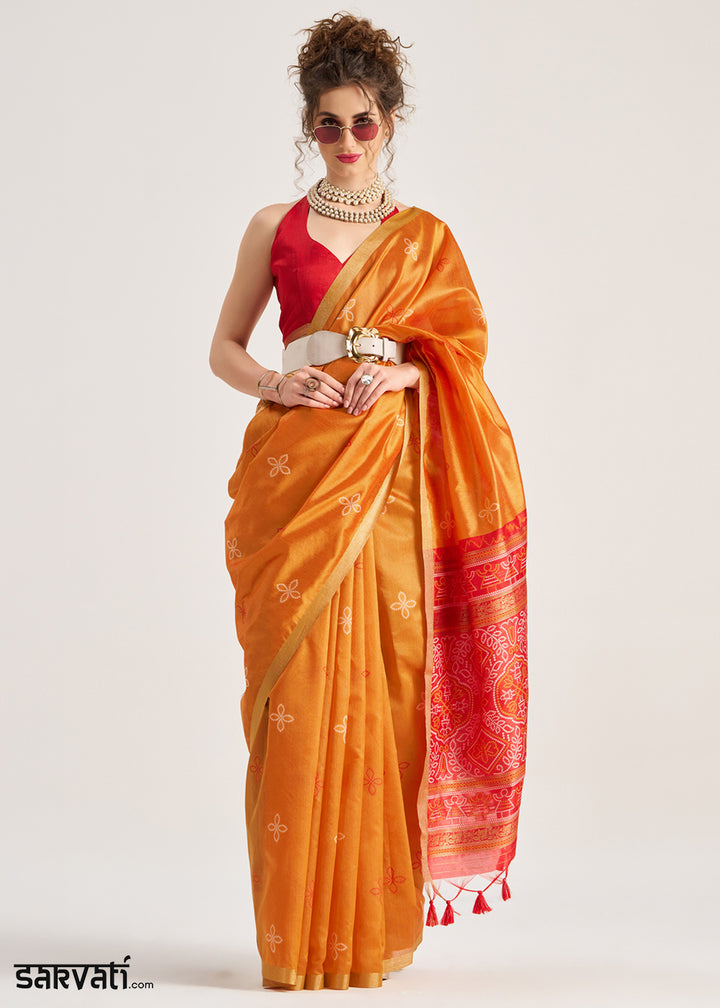 Safety Orange Ethnic Patola Silk Saree with Fine Artisanal Weaving