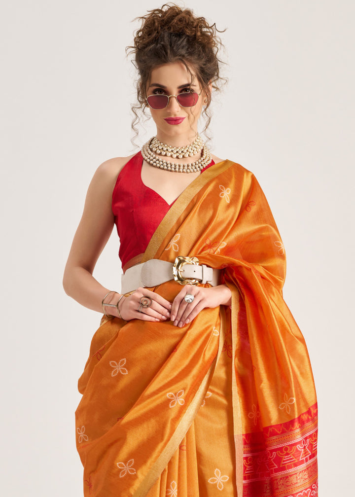 Safety Orange Ethnic Patola Silk Saree with Fine Artisanal Weaving