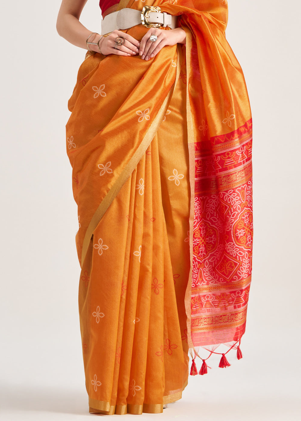 Safety Orange Ethnic Patola Silk Saree with Fine Artisanal Weaving
