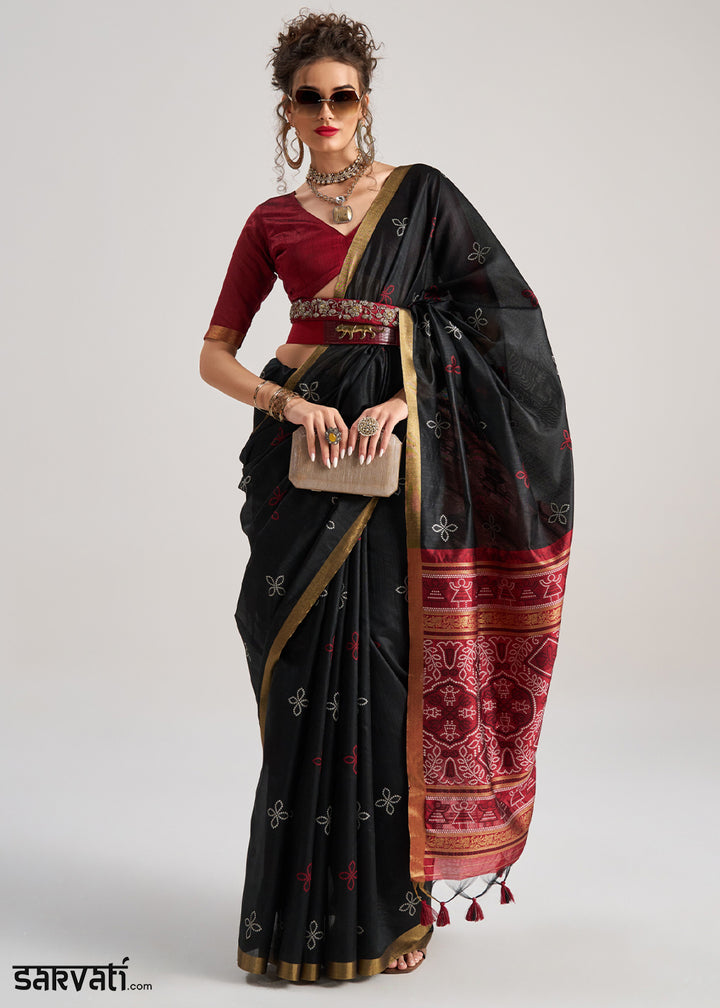 Raven Black Ethnic Patola Silk Saree with Fine Artisanal Weaving