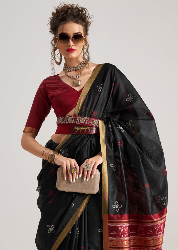 Raven Black Ethnic Patola Silk Saree with Fine Artisanal Weaving