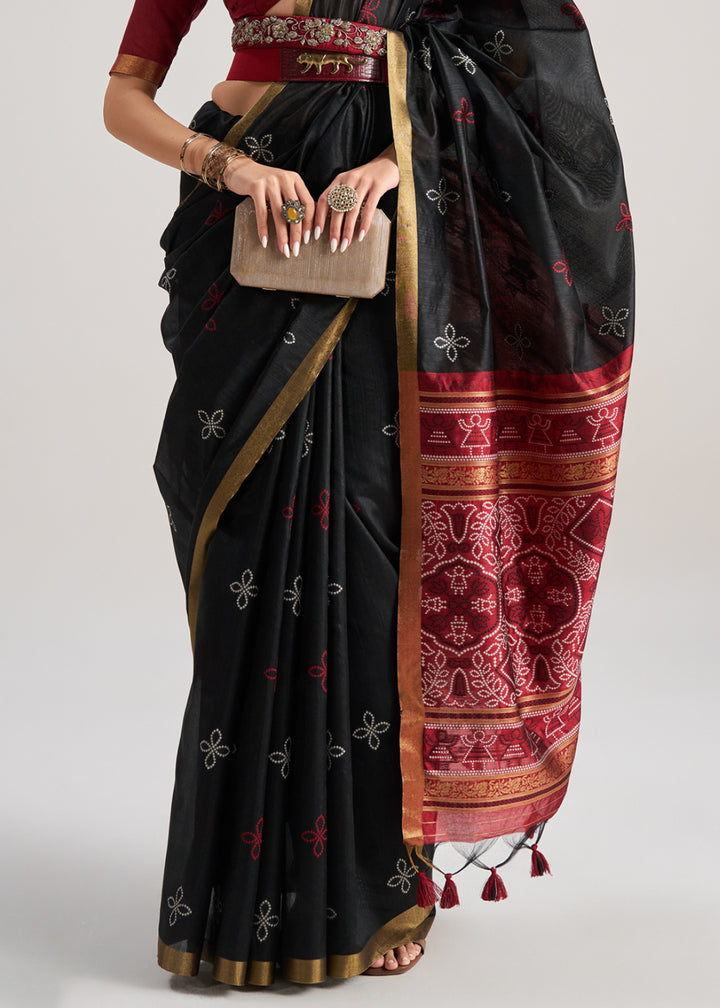 Raven Black Ethnic Patola Silk Saree with Fine Artisanal Weaving