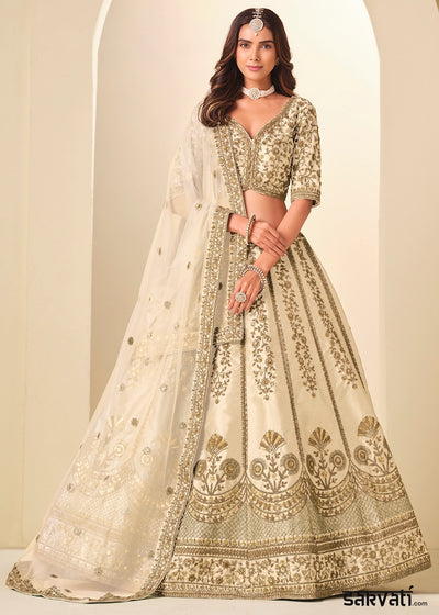 Cream White Wedding Wear Silk Lehenga Choli with Embellished Detailing