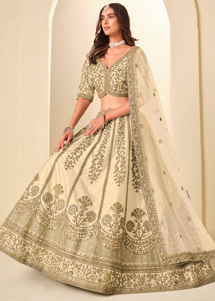 Cream White Wedding Wear Silk Lehenga Choli with Embellished Detailing