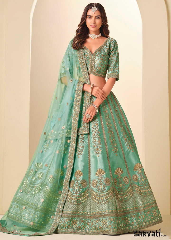 Sea Green Wedding Wear Silk Lehenga Choli with Embellished Detailing