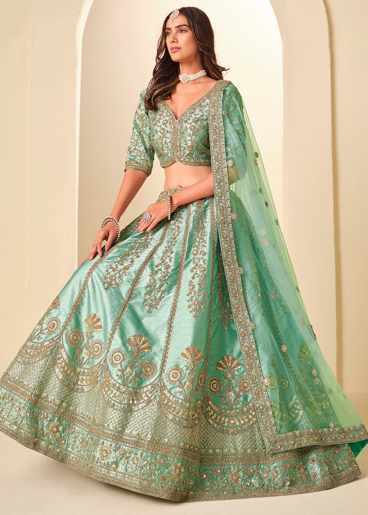 Sea Green Wedding Wear Silk Lehenga Choli with Embellished Detailing