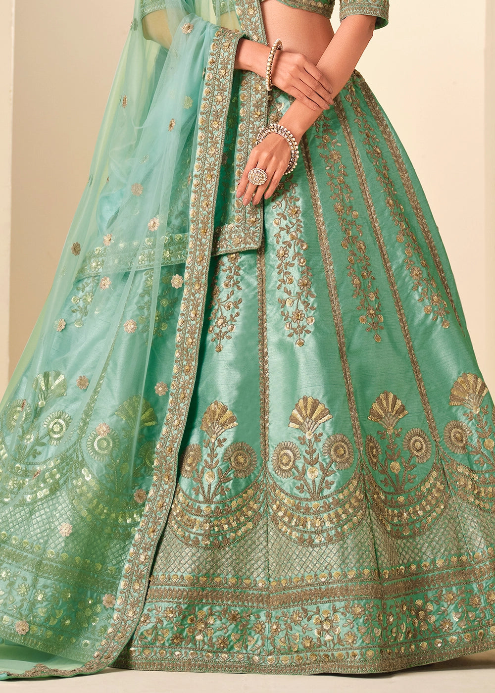 Sea Green Wedding Wear Silk Lehenga Choli with Embellished Detailing